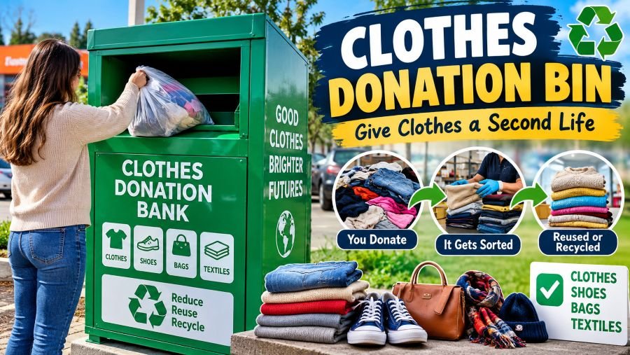 Clothes donation bin and clothing bank bins for unwanted clothes